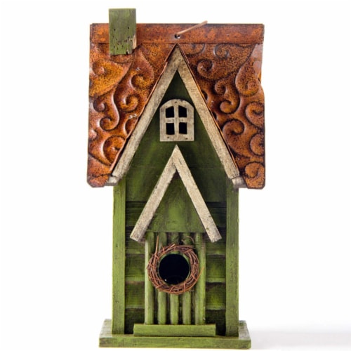 Glitzhome Distressed Solid Wood & Metal Birdhouse Perspective: back