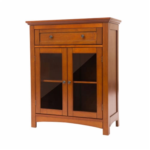 Glitzhome 32 Inch Tall Wooden Shelved Floor Storage Cabinet with 1 Drawer and Double Doors Perspective: back
