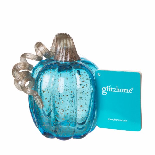 Glitzhome 6 Inch Tall Blue Glass Pumpkin Perspective: back