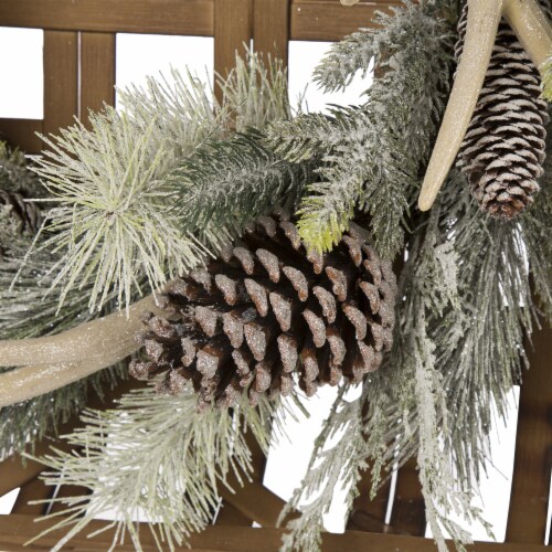 Glitzhome Bamboo Tobacco Basket with Flocked Pinecone & Antler Wreath - Green Perspective: back