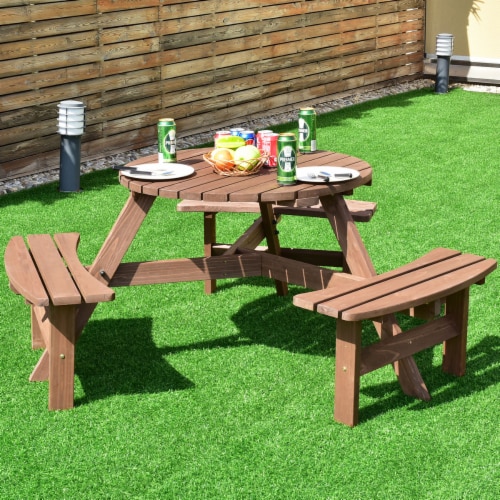 Costway Patio 6 Person Outdoor Wood Picnic Table Beer Bench Set Pub Dining Seat Garden Perspective: back