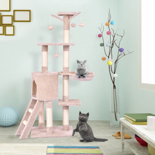 56'' Cat Tree Kitten Pet Play House Furniture Condo Scratching Posts Ladder Beige Perspective: back