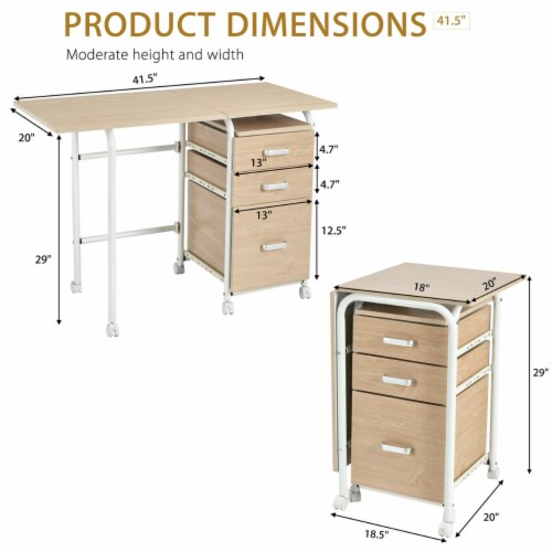 Folding Computer Laptop Desk Wheeled Home Office Furniture With 3 Drawers Perspective: back