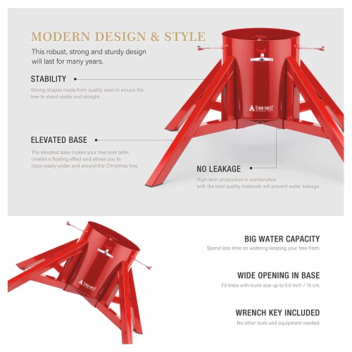 Tree Nest Christmas Tree Stand Base Modern Design for 10ft Real Trees, Steel (Large, Red) Perspective: back