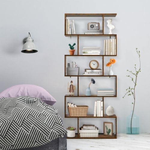Hivvago 6 Tier S-Shaped Bookshelf Storage Display Bookcase Decor Z-Shelf -Coffee Perspective: back