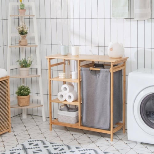 Hivvago Bamboo Laundry Hamper Stand with Removable Sliding Bag and 3 Tier Open Shelves 1 Kroger