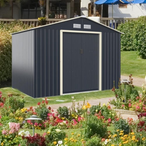 Hivvago 9 x 6 Feet Metal Storage Shed for Garden and Tools-Gray Perspective: back