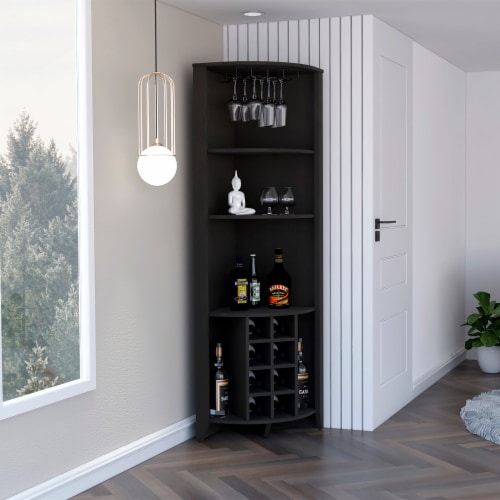 Essential Corner Bar Cabinet Three Shelves Eight Built in Wine Rack Two Side Shelves 1 Unit Foods Co
