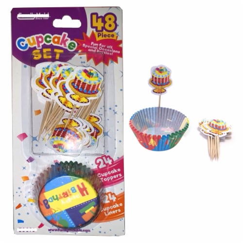 48 Pc Cupcake Liners Toppers Wrapper Baking Cups Happy Birthday Party Decoration Perspective: back