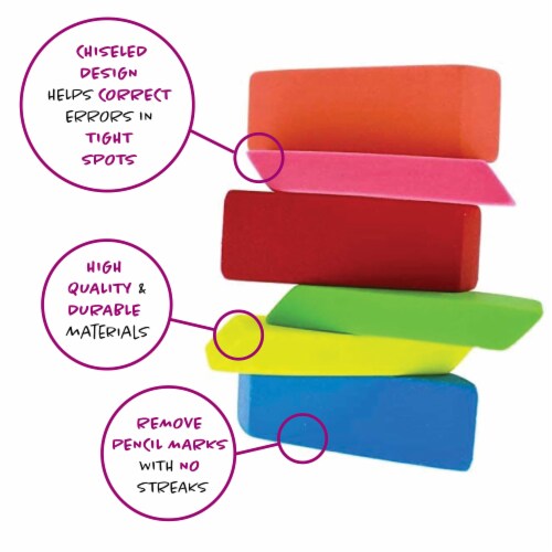 Neliblu Premium Pencil Erasers High Quality Bright Neon Chiseled Erasers 6 Pack Perspective: back