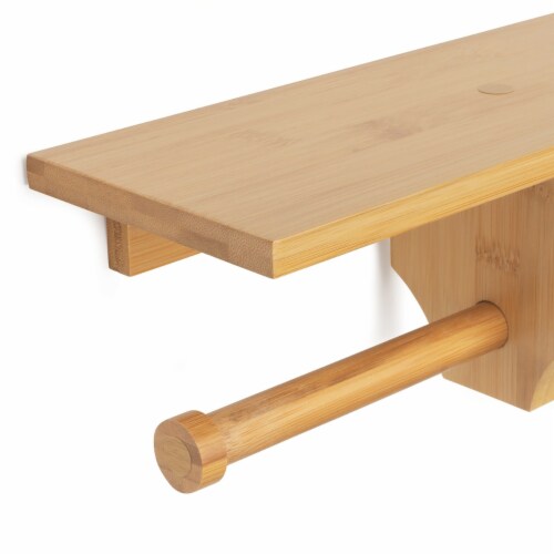Bamboo Double Dual Toilet Paper Holder with Shelf Perspective: back
