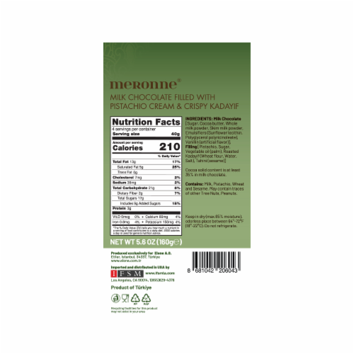 Meronne® Milk Chocolate Filled with Pistachio Cream & Crispy Kadayif Candy Bar, 5.6 oz