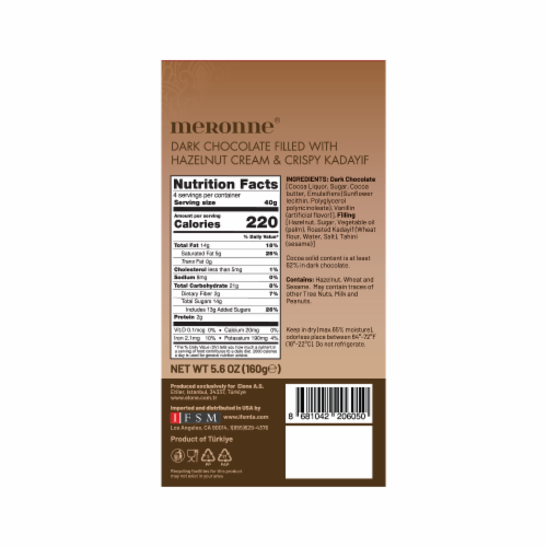 Meronne® Luxury of Dubai Dark Chocolate Filled with Hazelnut Cream & Crispy Kadayif Perspective: back
