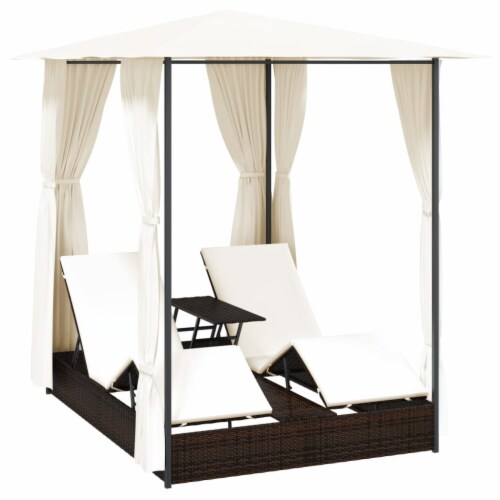 vidaXL Double Sun Lounger with Curtains Poly Rattan Brown 86.6 x51.2 x13.8 Gerbes Super Markets