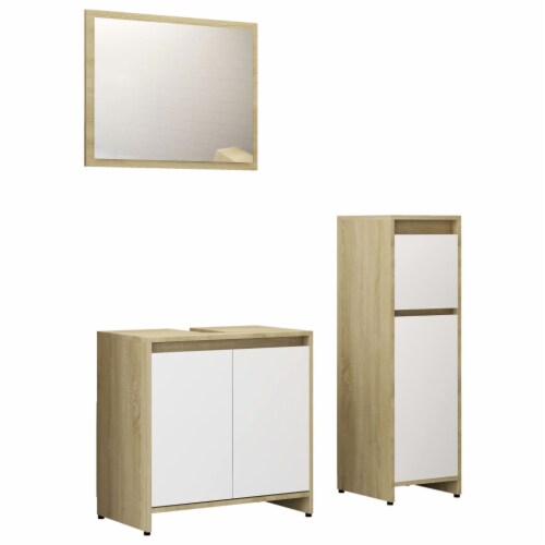 vidaXL 3 Piece Bathroom Furniture Set White and Sonoma Oak Engineered Wood Perspective: back