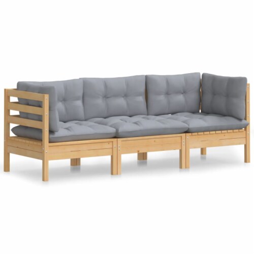 vidaXL 3 Seater Patio Sofa with Gray Cushions Solid Pinewood 25