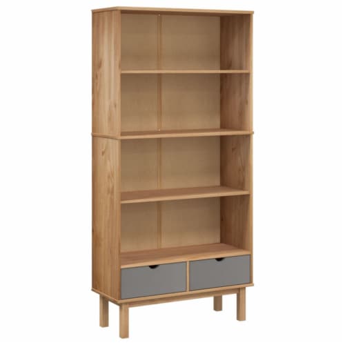vidaXL Bookcase OTTA with 2 Drawers Brown and Gray Solid Wood Pine Perspective: back