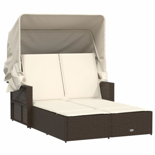 vidaXL Double Sun Lounger with Canopy and Cushions Brown Poly Rattan 1 Fry s Food Stores