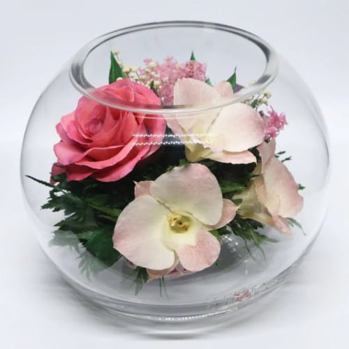 Fiora Flower Long-Lasting Pink Roses and Orchids with Greenery in a Round Glass Vase Perspective: back