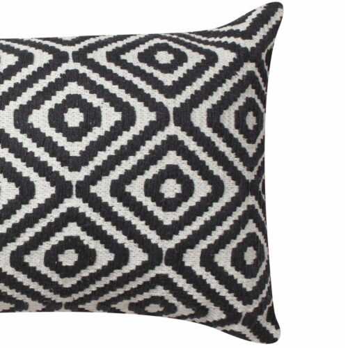 12 x 20 Rectangular Jacquard Cotton Accent Lumbar Pillow, Diamond Pattern, Black, White- Perspective: back