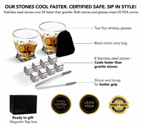flybold Whiskey Set: Glasses, Stones, 8 Steel Cubes & Gift Packing Perspective: back