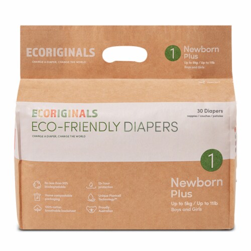 Ecoriginals Plant Based Baby Diapers | Newborn Plus Size 1 | 6 Packs, 180 Count Perspective: back