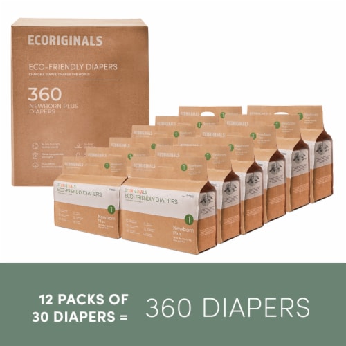 Ecoriginals Plant Based Baby Diapers | Newborn Plus Size 1 | 12 Packs, 360 Count Perspective: back