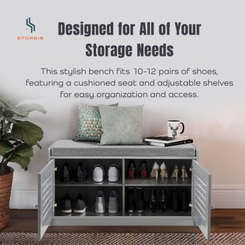 Sturdis Modern Shoe Storage Bench w Adjustable Shelves Cushioned Seat Gray 1 Piece Smith s Food and Drug