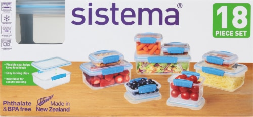 Sistema 18-Piece Food Storage Containers with Lids for Lunch, Meal Prep,  and Leftovers, Dishwasher Safe, Clear/Blue