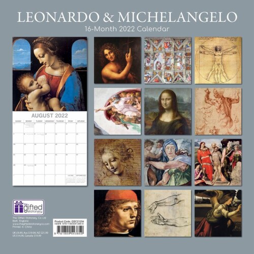2022 Wall Calendar Leonardo & Michelangelo Art piece 12x12 16 Months w