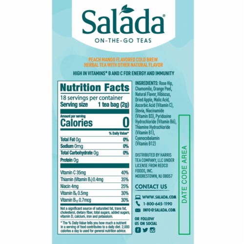 Salada Peach Mango Water Booster ,Cold Infused Herbal Tea, 18 Count (Pack of 6) Perspective: back