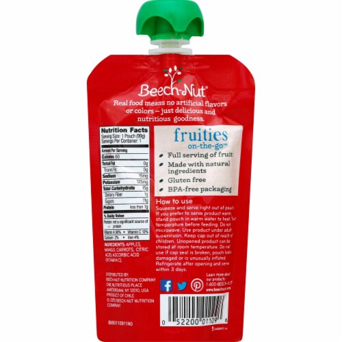 Beech-Nut Fruities Apple Mango & Carrot Puree Stage 2 Baby Food Pouch Perspective: back
