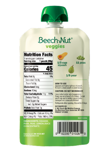 Beech-Nut Veggies Squash Peas & Pears Stage 2 Baby Food Perspective: back