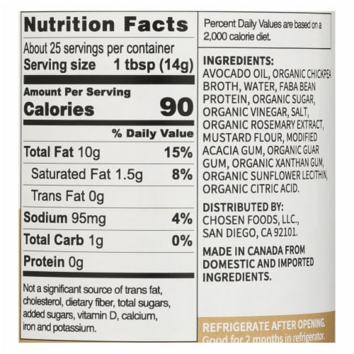Chosen Foods - Avocado Oil Vegan Mayo - Case of 6 - 12 oz. Perspective: back