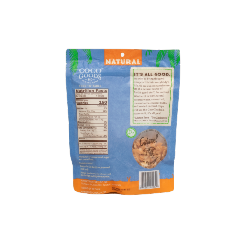 CocoGoods Natural Toasted Coconut Chips Caramel 3.5 oz, Zip lock Bag Perspective: back