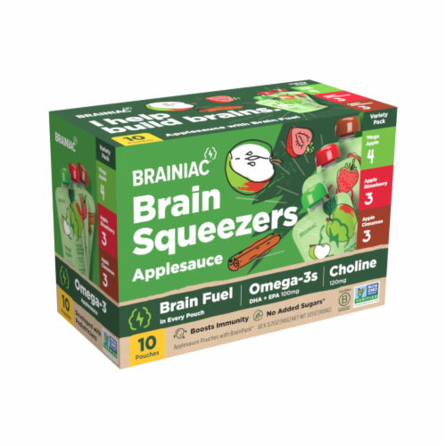 Brainiac Omega-3 Smart Applesauce Variety Pack, No Added Sugar, 10 Count Perspective: back