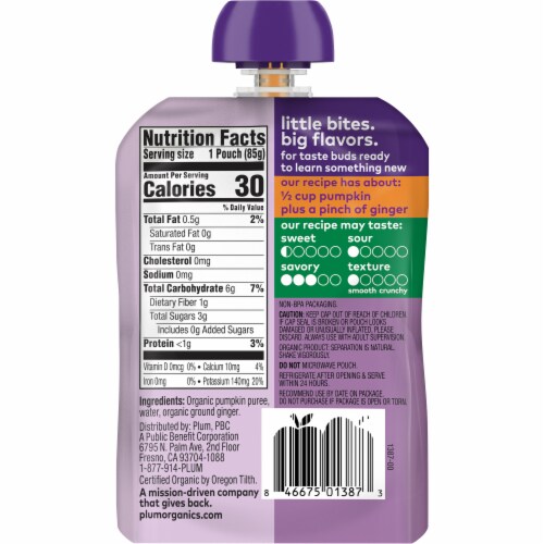 Plum® Organics Just® Pumpkin Baby Food Pouch Perspective: back