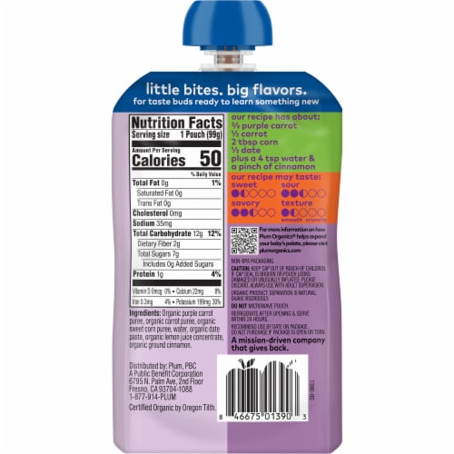 Plum® Organics Carrot, Corn, Date, & Cinnamon Baby Food Pouch Perspective: back