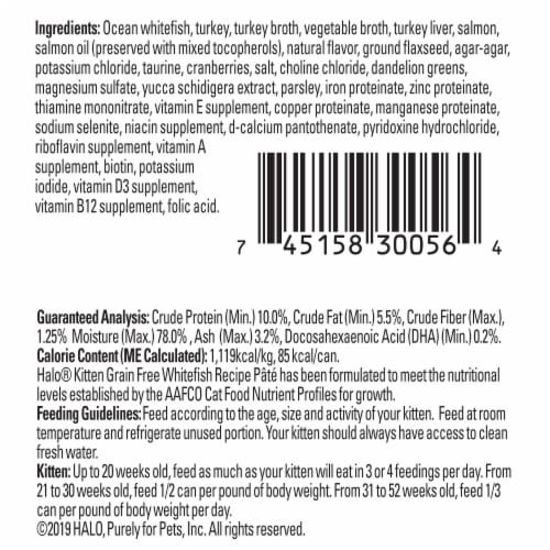 HALO Grain Free Natural Kitten Whitefish Recipe Wet Cat Food Perspective: back