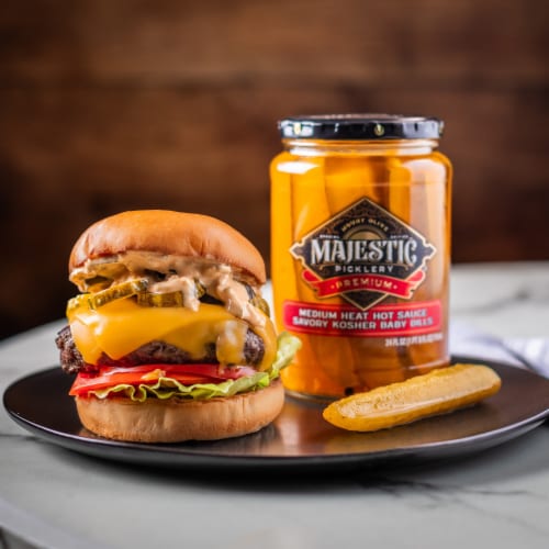 Majestic Picklery Premium Medium Heat Hot Sauce Kosher Dill Spears Pickles Perspective: bottom