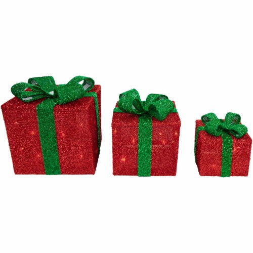 Northlight Set of 3 Lighted Red and Green Tinsel Gift Boxes with Bows Christmas Outdoor Perspective: bottom
