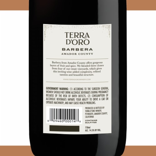 Terra d'Oro  Barbera California Red Wine 750 ml Perspective: bottom