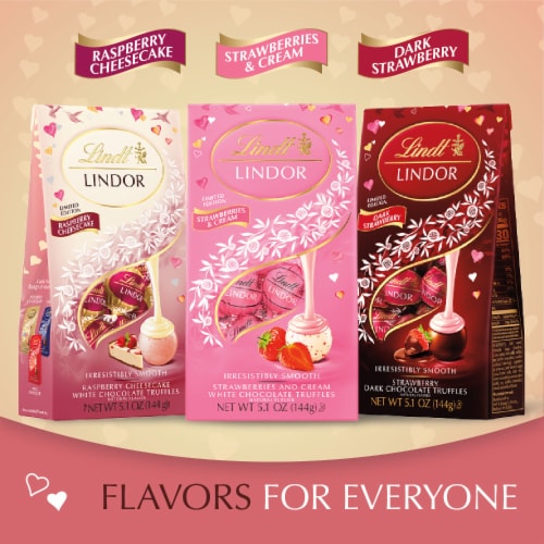 Lindt LINDOR Valentine's Day Raspberry Cheesecake White Chocolate Candy Truffles Bag Perspective: bottom