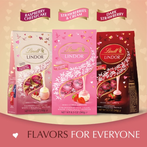 Lindt LINDOR Valentine's Day Raspberry Cheesecake White Chocolate Candy Truffles Bag Perspective: bottom