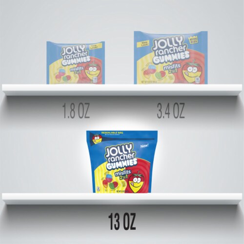 JOLLY RANCHER MISFITS 2-in-1 Assorted Fruit Flavored Gummies Candy Resealable Bag Perspective: bottom