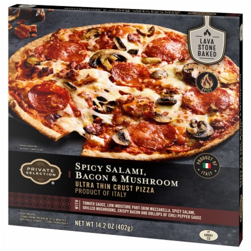 Private Selection® Spicy Salami Bacon & Mushroom Ultra Thin Crust Frozen Pizza Perspective: bottom