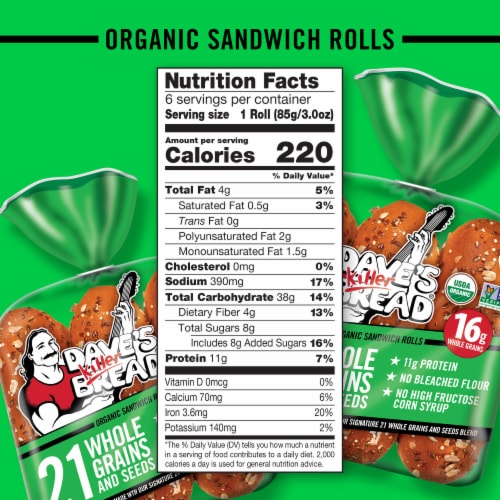 Dave's Killer Bread 21 Whole Grains and Seeds Organic Sandwich Rolls, Organic Sub Rolls, 6 Count Perspective: bottom
