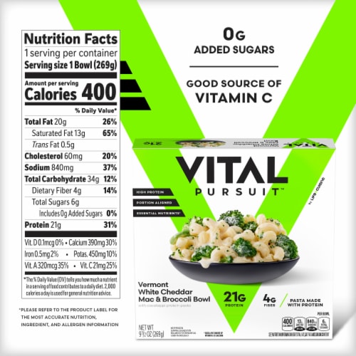 Vital Pursuit White Cheddar Mac and Broccoli Bowl High Protein Portion Aligned Meal Perspective: bottom