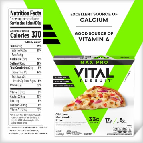Vital Pursuit Thin Crust Chicken Mozzarella Pizza High Protein Portion Aligned Meal Frozen Pizza Perspective: bottom