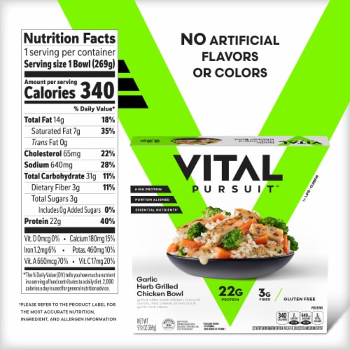 Vital Pursuit Garlic Herb Grilled Chicken Bowl High Protein Portion Aligned Meal Perspective: bottom